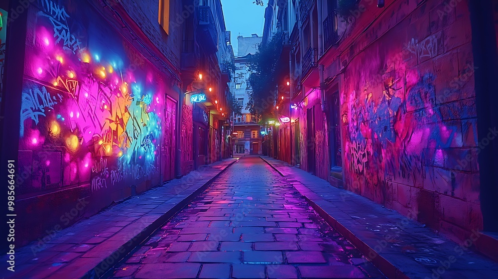 Fototapeta premium Neon city streets covered in graffiti art, explosive color bursts blending with urban textures, dark alleyways filled with glowing graffiti patterns,
