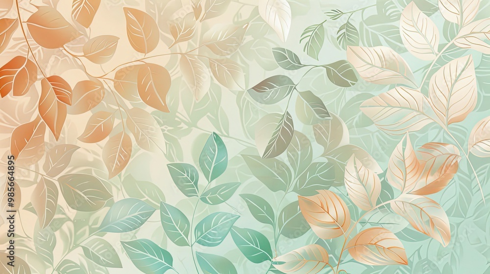 Apricot to mint green gradient wallpaper with geometric leaf and light effects