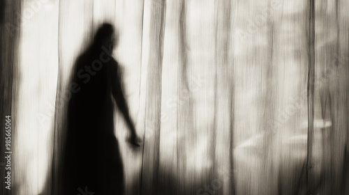 Silhouette of person behind curtains, mysterious shadowy figure, abstract blur, ethereal atmosphere concept