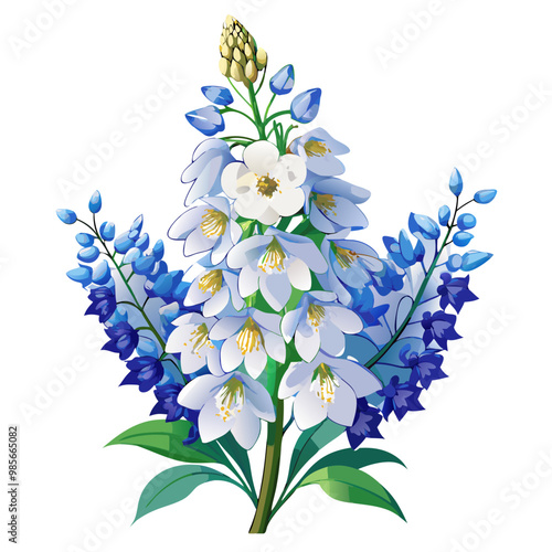 Illustration of Delphinium Flower, Exquisite Delphinium Flower Vector Illustration - Towering Spikes of Blue and White Blooms, Perfect for Garden Themes and Floral Arrangements