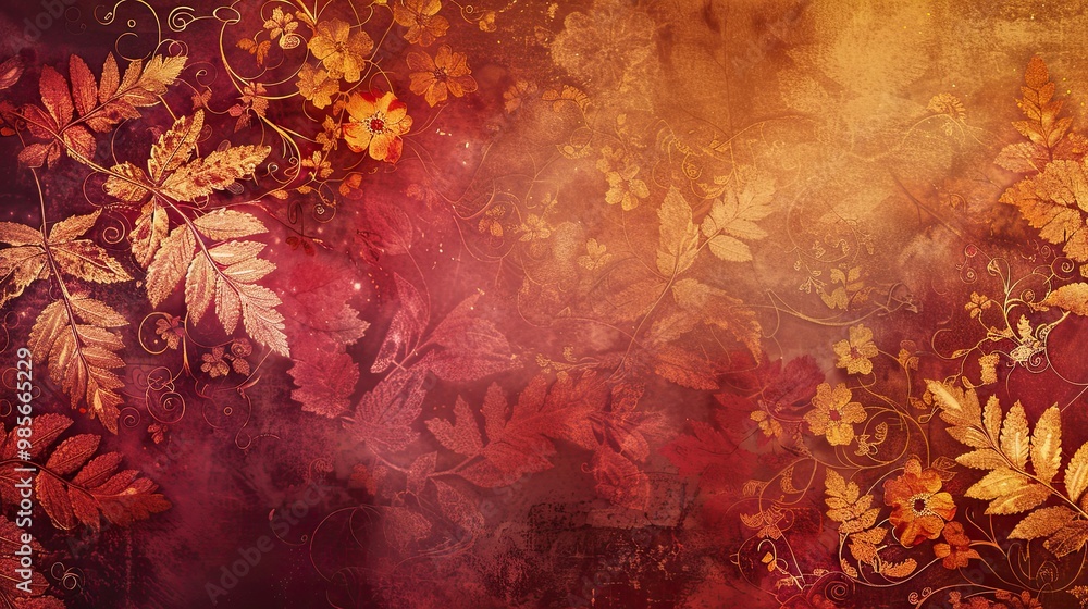 Intricate lace-like patterns with wine red and mustard blend for autumn backdrop Intricate lace-like patterns with wine red and mustard blend for autumn backdrop