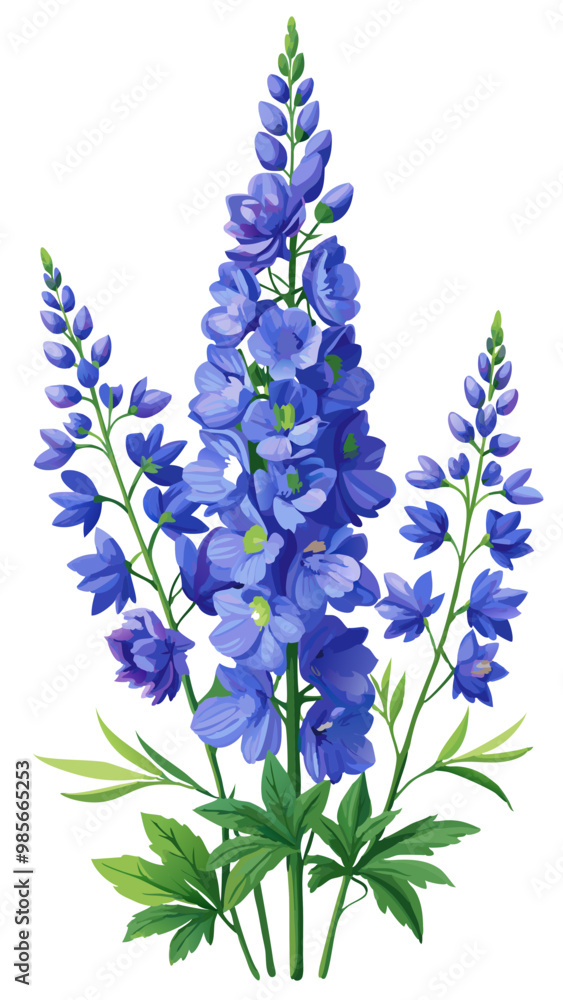 Obraz premium Illustration of Delphinium Flower, Exquisite Delphinium Flower Vector Illustration - Towering Spikes of Blue and White Blooms, Perfect for Garden Themes and Floral Arrangements