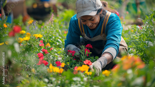 Gardener planting colorful flowers in lush garden, woman tending plants with dedication, gardening concept