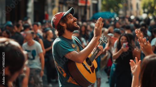 Joyful street musician playing acoustic guitar, surrounded by crowd, smiling and enjoying, vibrant street performance concept photo