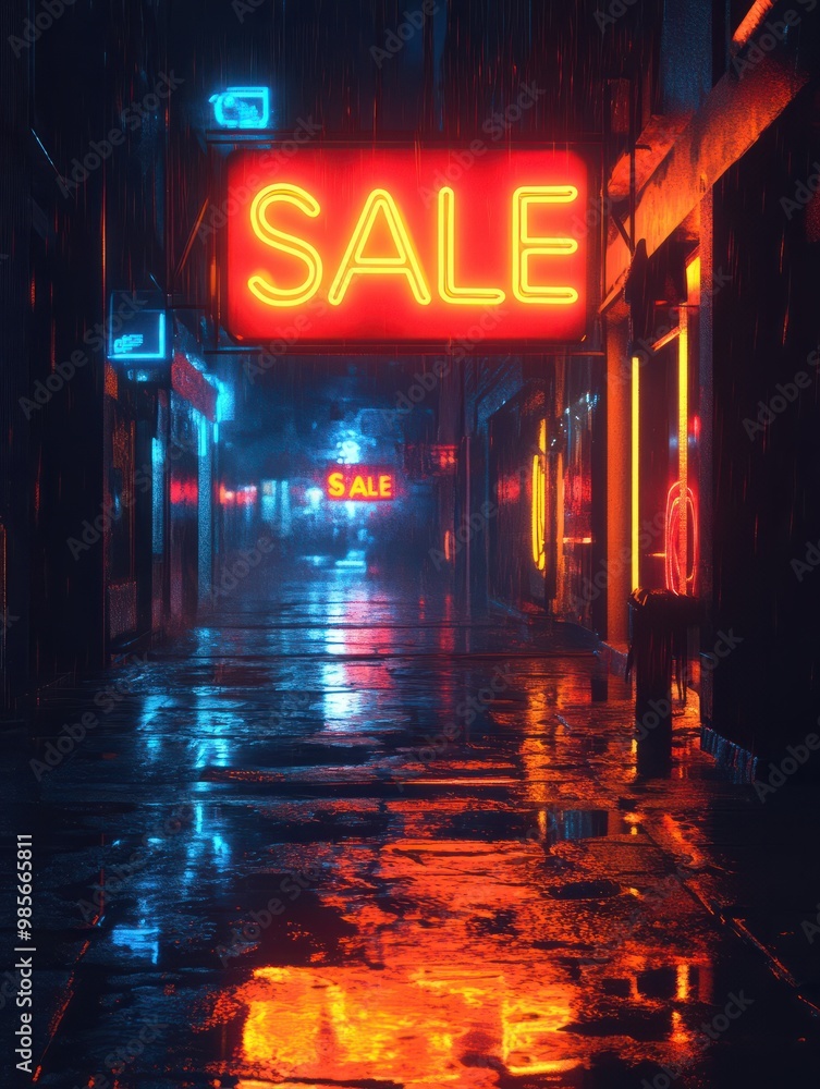 Glowing neon Sale sign on wet city street at night, banner with copy space for text. Urban shopping promotion, cyber Monday concept Glowing neon Sale sign on wet city street at night, banner with copy space for text. Urban shopping promotion, cyber Monday concept