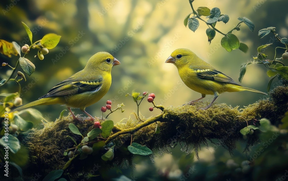 Fototapeta premium Two yellow finches, perched on moss-covered branches in an enchanted forest setting