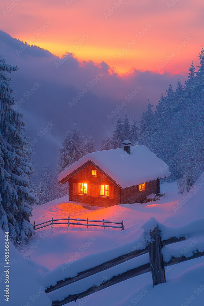 Fototapeta premium Cabin nestled in snow with sunset glow