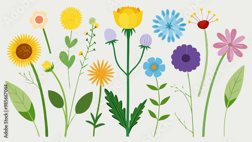 Wild Plants Set Dandelion, Clover, Chamomile, and More on White Background 