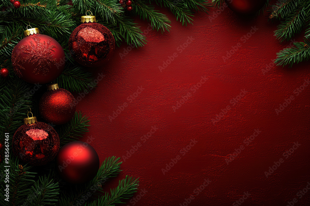 Pine Branches and Red Christmas Ornaments Pine Branches and Red Christmas Ornaments