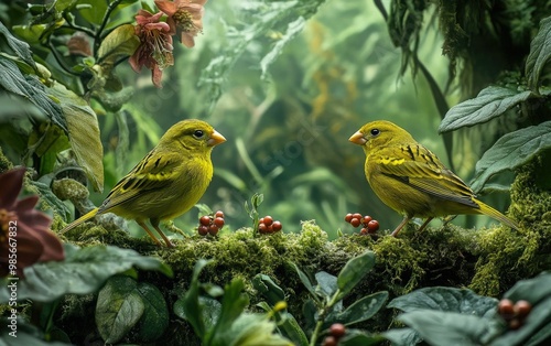 Two yellow finches, perched on moss-covered branches in an enchanted forest settin photo