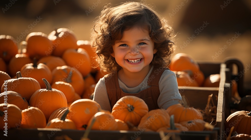 Fototapeta premium Happy smiling kid go Pumpkin picking