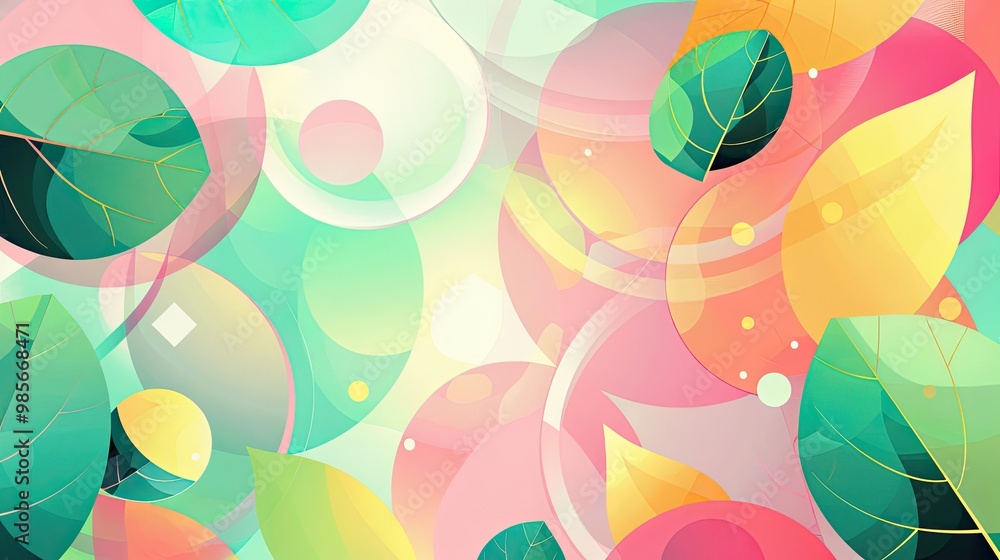 Vibrant pink mint and yellow circles with leaf motifs and swirling lines capture the vitality of spring Vibrant pink mint and yellow circles with leaf motifs and swirling lines capture the vitality of spring