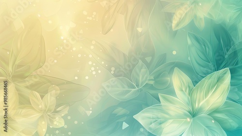 Rounded teal and yellow polygons with petal-like shapes and frosted textures create a tranquil spring backdrop photo