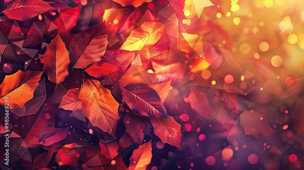 Vibrant autumn leaves in red orange and yellow with glowing bokeh over a blurred backdrop Vibrant autumn leaves in red orange and yellow with glowing bokeh over a blurred backdrop