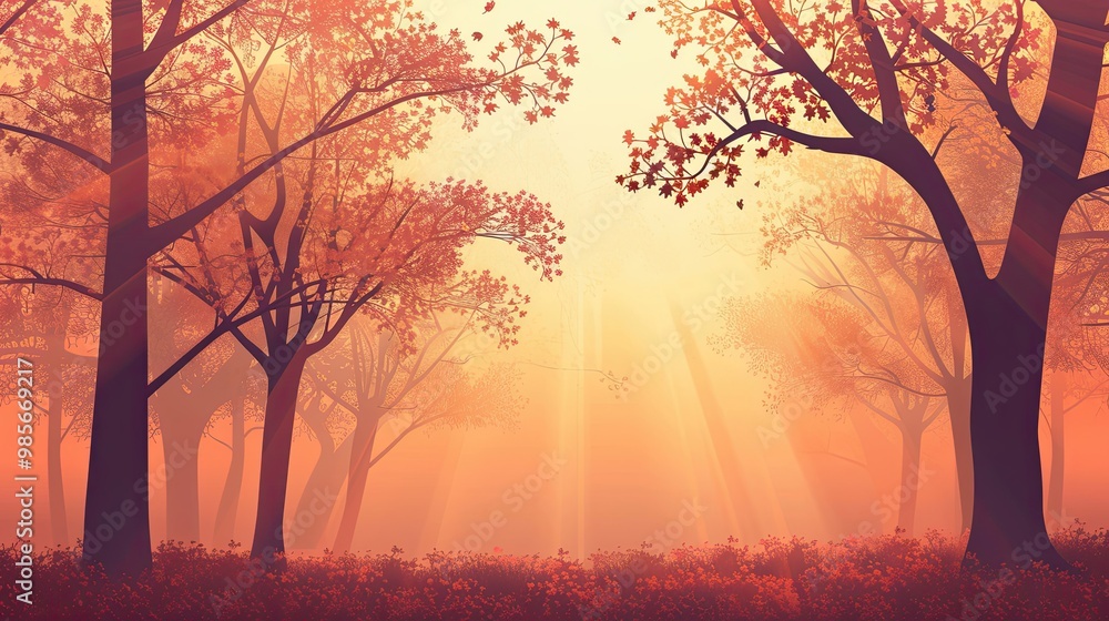 Peaceful autumn wallpaper with trees in dark tones set against a warm sunset gradient Peaceful autumn wallpaper with trees in dark tones set against a warm sunset gradient