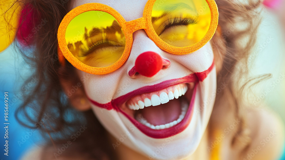 cheerful clown with bright red nose and oversized yellow sunglasses smiles joyfully, radiating happiness and fun. This playful expression captures essence of lively carnival atmosphere cheerful clown with bright red nose and oversized yellow sunglasses smiles joyfully, radiating happiness and fun. This playful expression captures essence of lively carnival atmosphere