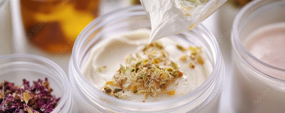 Close-up of botanical extracts being mixed into a cosmetic cream in a glass container Close-up of botanical extracts being mixed into a cosmetic cream in a glass container