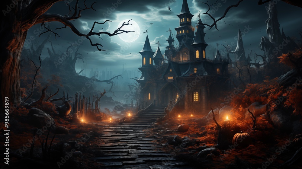 Fototapeta premium Haunted house, pumpkin patch at night by full moon light