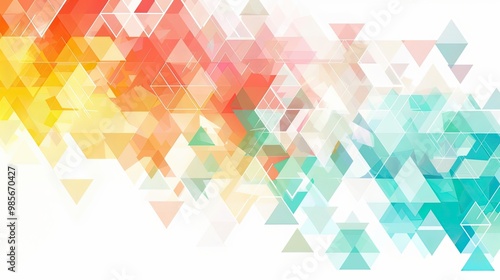 Fototapeta Naklejka Na Ścianę i Meble -  Playful geometric wallpaper with interlocking triangles and hexagons in coral turquoise yellow