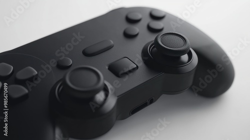 Close-up of a black gaming controller with focus on the right analog stick. photo