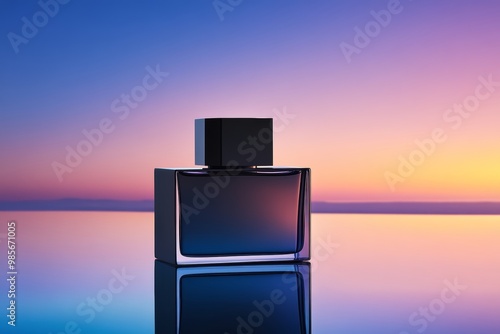 A stylish perfume bottle stands alone, capturing the vibrant hues of a sunset reflected in a serene coastal landscape