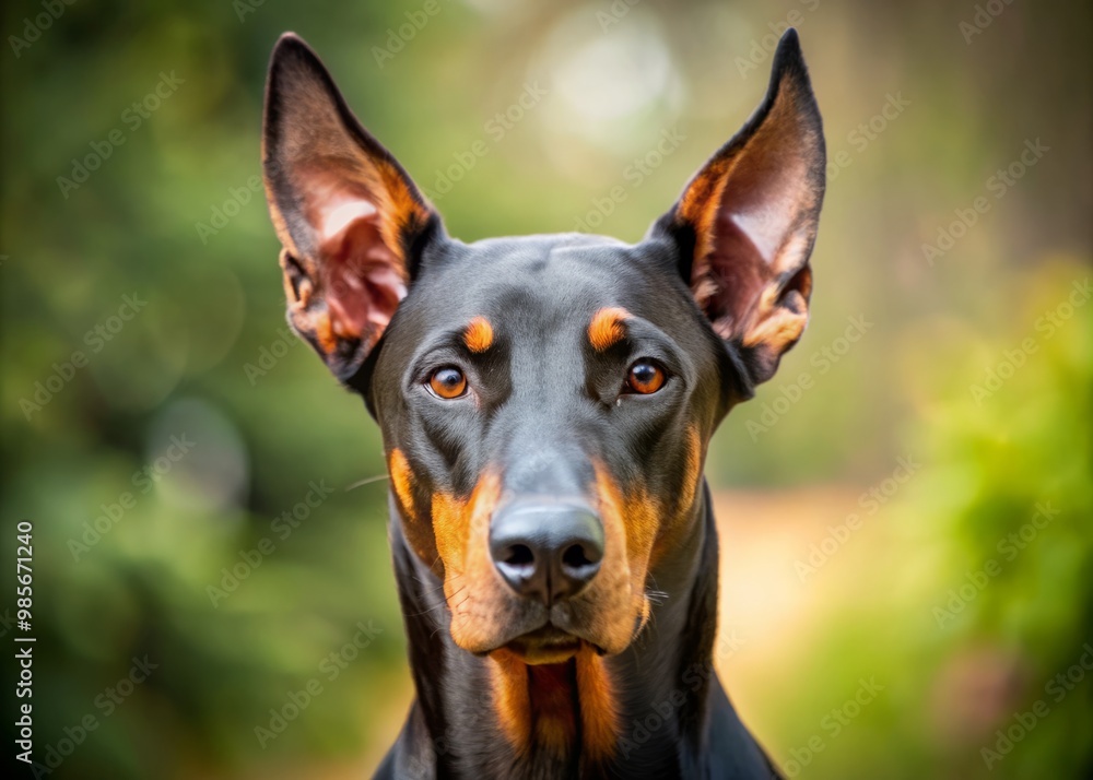 Aggressive black and tan Doberman pinscher with floppy, uncut ears and a piercing gaze. Aggressive black and tan Doberman pinscher with floppy, uncut ears and a piercing gaze.
