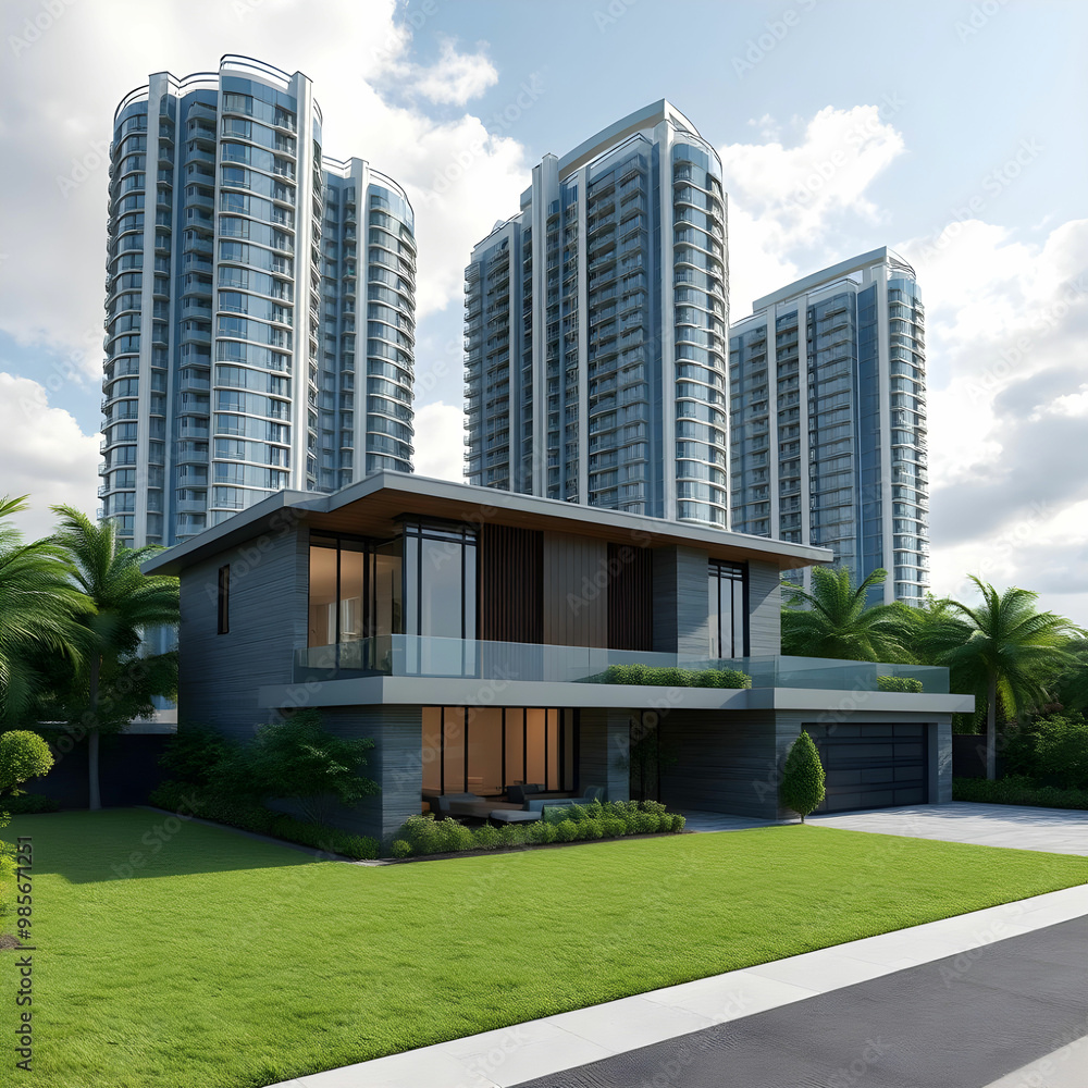 3D rendering Residential house facing skyscrapers 3D rendering Residential house facing skyscrapers
