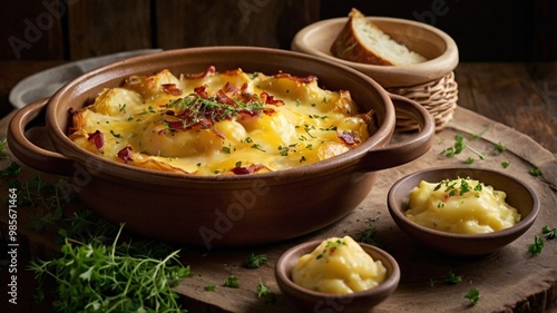 A tasty Tartiflette beautifully plated with garnish and a side of crusty bread .