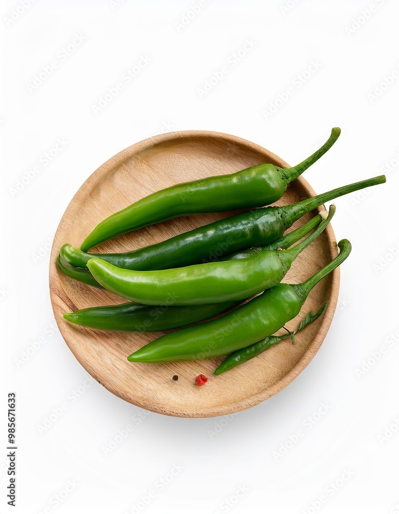 Green chilli peppers in wooden plate isolated on white background with clipping path Green chilli peppers in wooden plate isolated on white background with clipping path