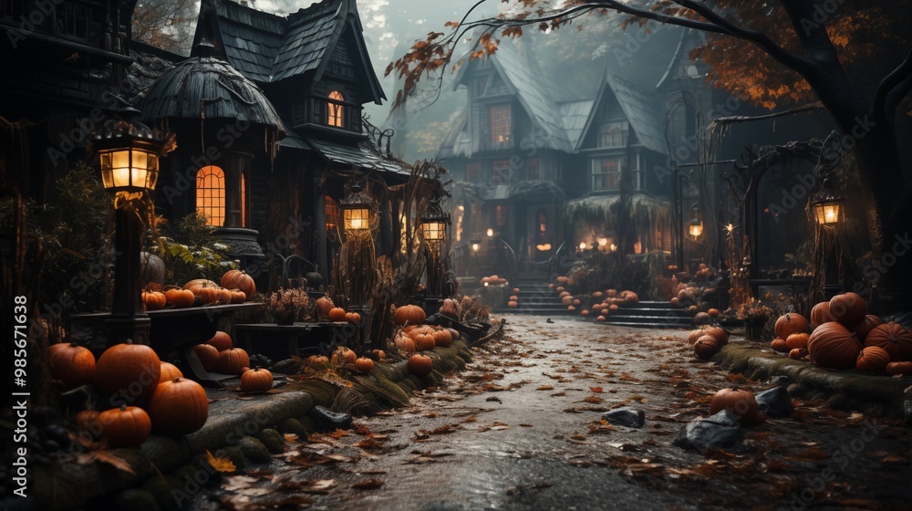 Obraz premium House decorated for Halloween with pumpkins and webs, witches and ghosts