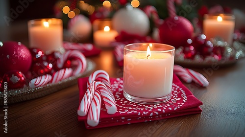 A candy cane-themed Christmas table, red and white napkins with peppermint-scented candles, candy cane centerpieces arranged along a festive holiday setting, photo