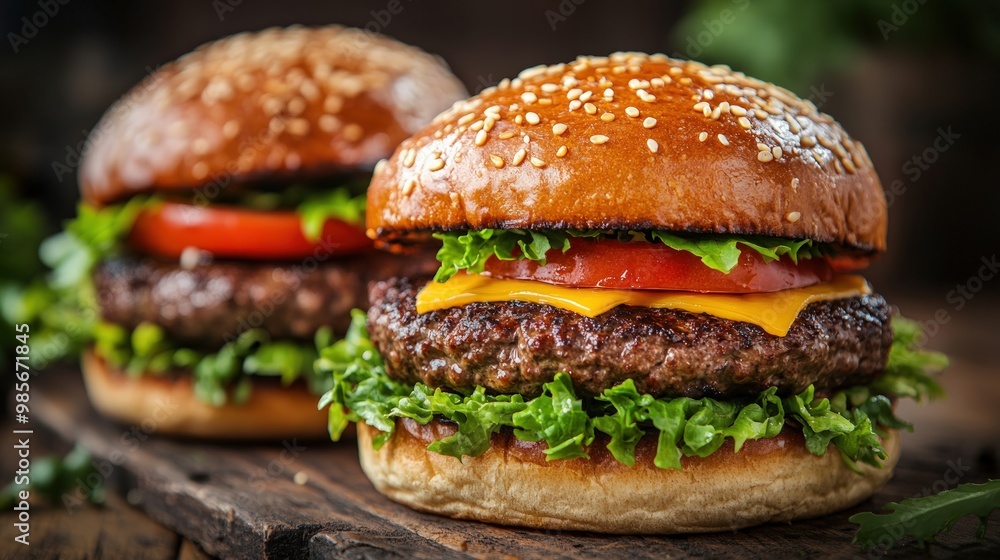 Two juicy cheeseburgers with lettuce and tomato on a wooden board. Two juicy cheeseburgers with lettuce and tomato on a wooden board.