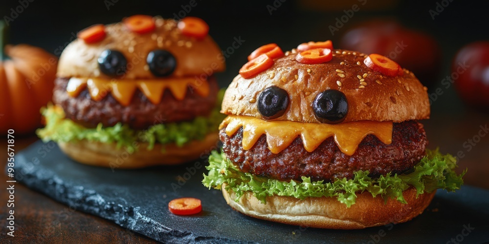 Festive food for Halloween, creative snack idea, party treats. Cute monster burgers close-up. Festive food for Halloween, creative snack idea, party treats. Cute monster burgers close-up.