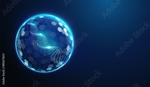 Abstract illustration of human dna helix protected by shield barrier made of glowing neon particles. Blue geometric background depicting human genome health care medical concept