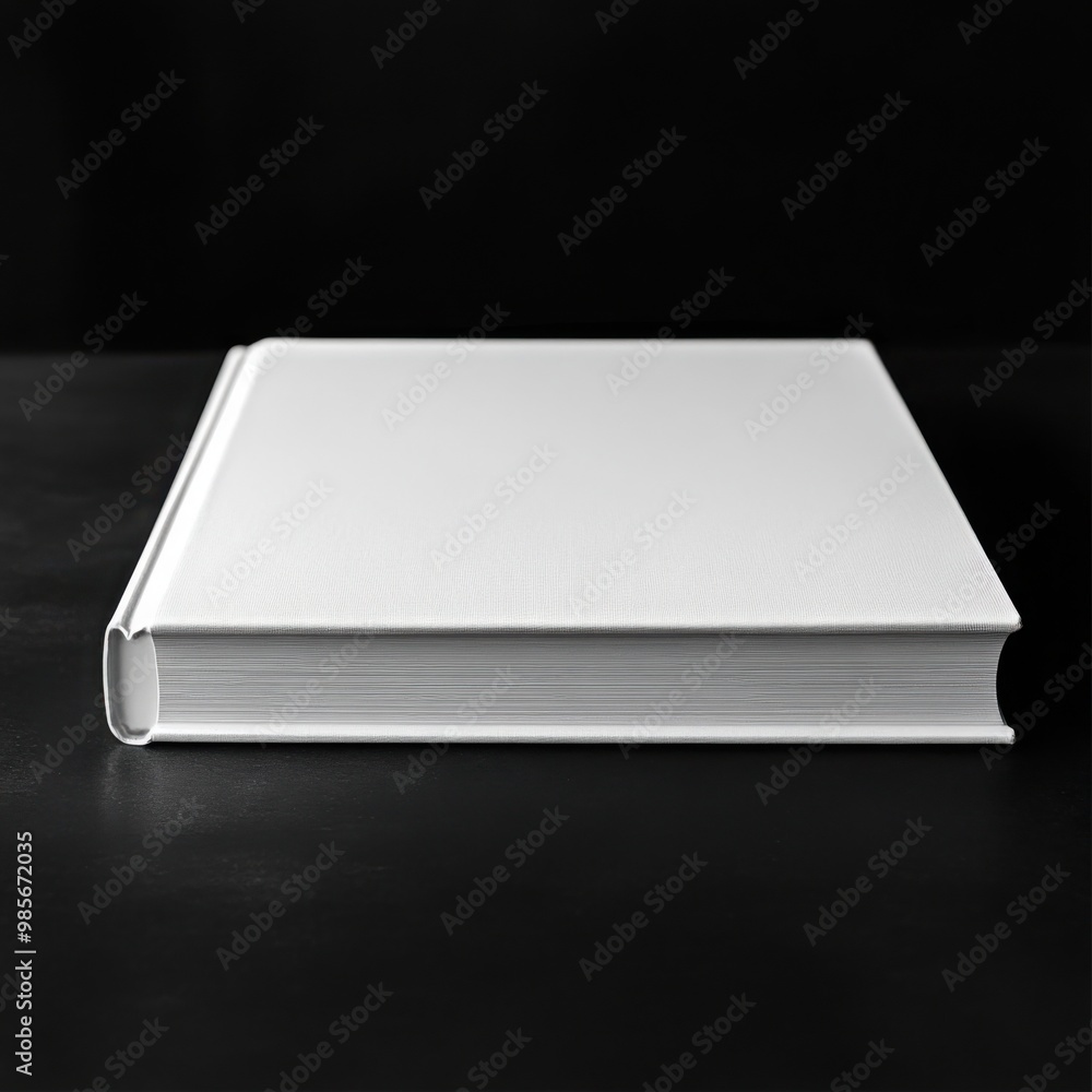 Hardcover book with white cover. Isolated closed notebook lies on black background. Hardcover book with white cover. Isolated closed notebook lies on black background.