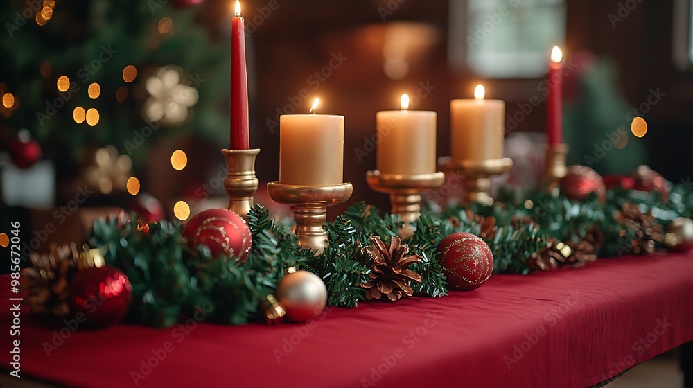 A charming Christmas table with a red tablecloth, green garland running down the center, and golden candle holders casting a soft glow, traditional holiday decor creating a cozy and festive setting, A charming Christmas table with a red tablecloth, green garland running down the center, and golden candle holders casting a soft glow, traditional holiday decor creating a cozy and festive setting,