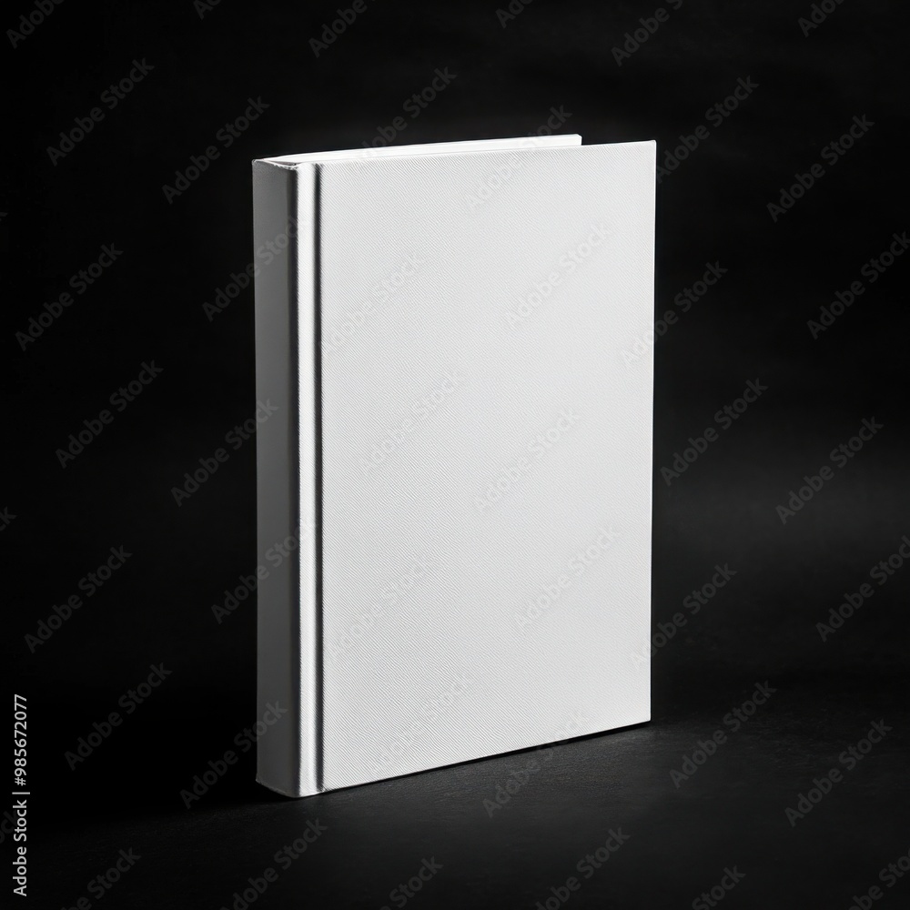 Closed book, hardcover notebook. Album, diary, notepad with blank white cover. White book stands on black background. Object for design, mockup, template. Closed book, hardcover notebook. Album, diary, notepad with blank white cover. White book stands on black background. Object for design, mockup, template.