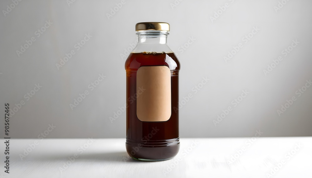 A bottle of cold brew coffee with a label, on a white table with minimal decoration A bottle of cold brew coffee with a label, on a white table with minimal decoration