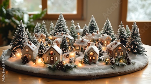 A Christmas table decorated with a snowy village centerpiece, tiny snow-covered houses, frosted trees, and twinkling lights, candlelight softly glowing, creating a magical and festive winter scene, photo