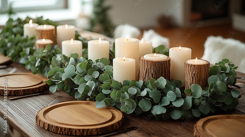 A Christmas table set with fresh eucalyptus garland, wooden chargers, and white candles, natural greenery creating an earthy and serene holiday vibe, soft candlelight reflecting off wood textures, A Christmas table set with fresh eucalyptus garland, wooden chargers, and white candles, natural greenery creating an earthy and serene holiday vibe, soft candlelight reflecting off wood textures,