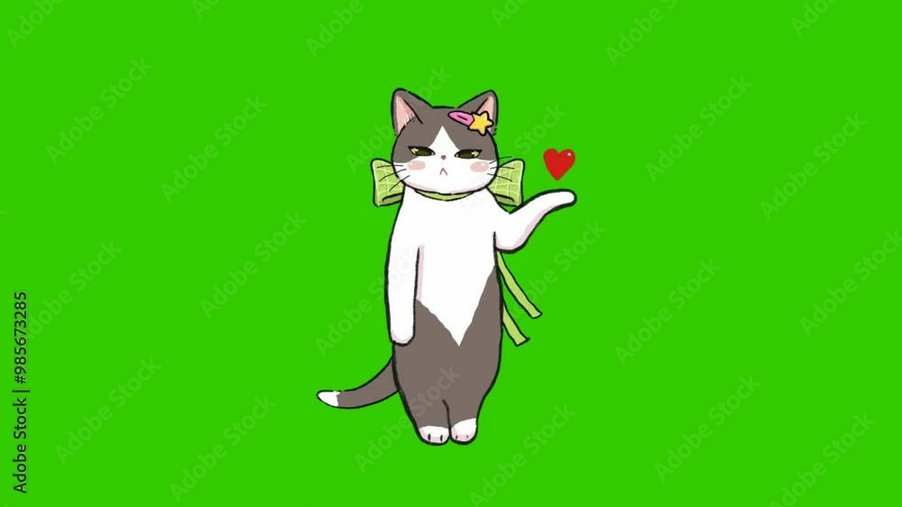 Cute animated cat dancing with a heart on green screen Cute animated cat dancing with a heart on green screen