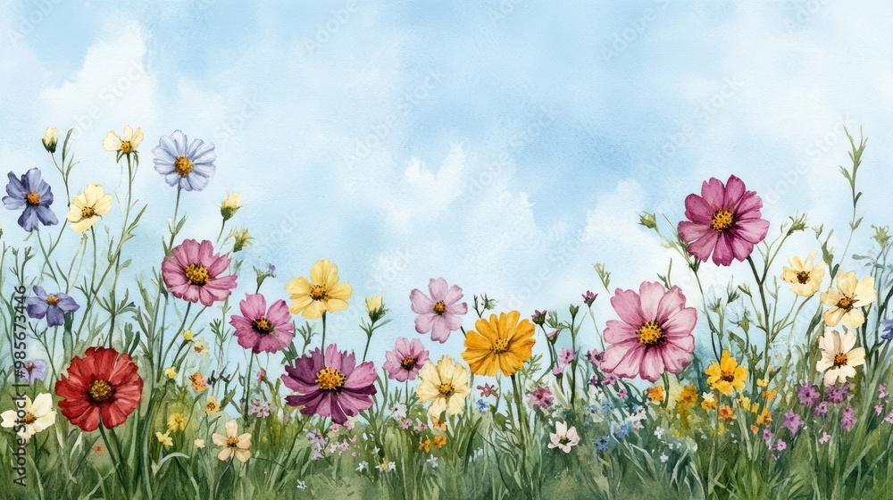 Naklejka premium Watercolor Painting of Colorful Wildflowers Against a Blue Sky.