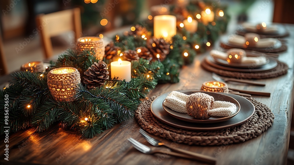 A cozy cabin Christmas table with pine garland woven with twinkling lights, knit napkin rings, wooden accents, and warm candlelight, creating a rustic holiday atmosphere, A cozy cabin Christmas table with pine garland woven with twinkling lights, knit napkin rings, wooden accents, and warm candlelight, creating a rustic holiday atmosphere,