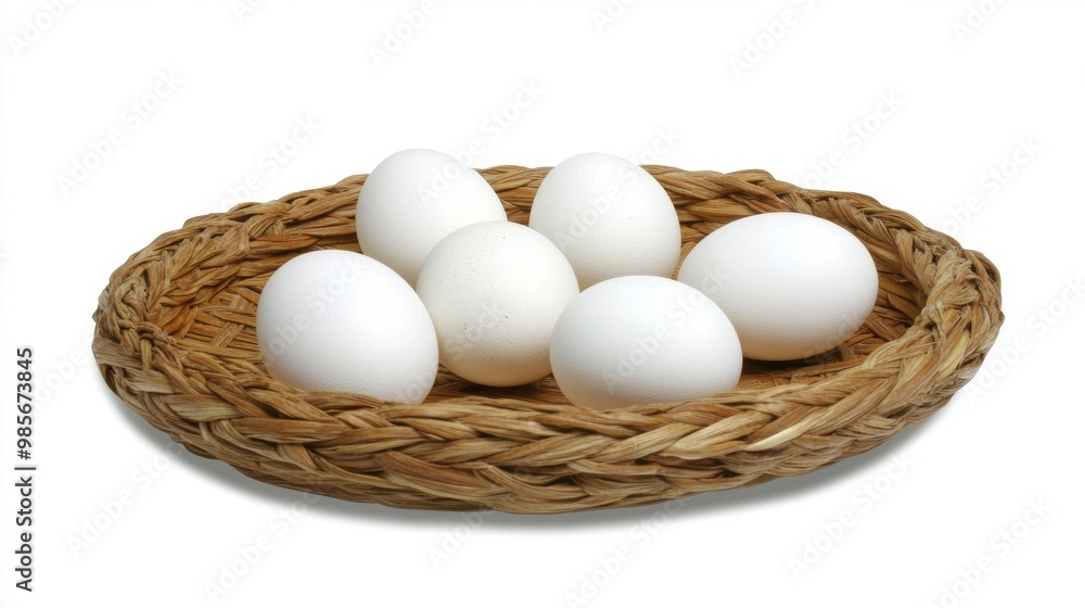 Fresh white eggs in brown wicker basket on white background Fresh white eggs in brown wicker basket on white background