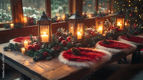 A cozy Christmas table featuring fur placemats, glowing lanterns, and soft red and green decor, warm candlelight casting gentle shadows, creating a festive and intimate holiday setting, hd quality, photo