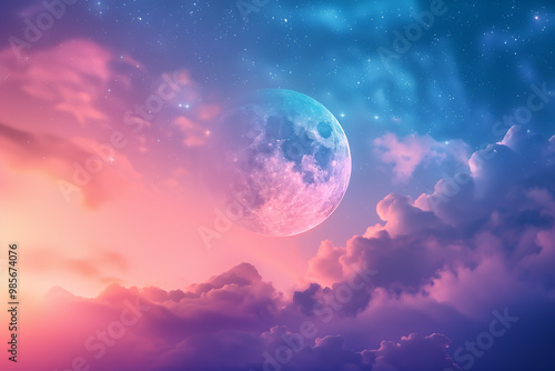 The moon floating in the pastel-colored night sky