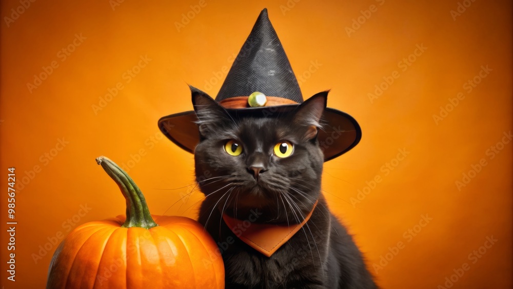 * A mysterious feline figure dons a wizard's hat as it cradles a gleaming pumpkin, set against a * A mysterious feline figure dons a wizard's hat as it cradles a gleaming pumpkin, set against a