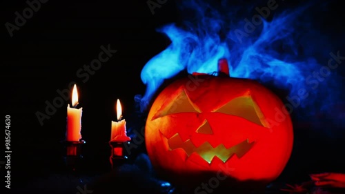 Carving a head from a pumpkin and a candle on a dark background. Pumpkin head with smoke. Pumpkin for Halloween celebration. Mystical Halloween celebration concept. photo