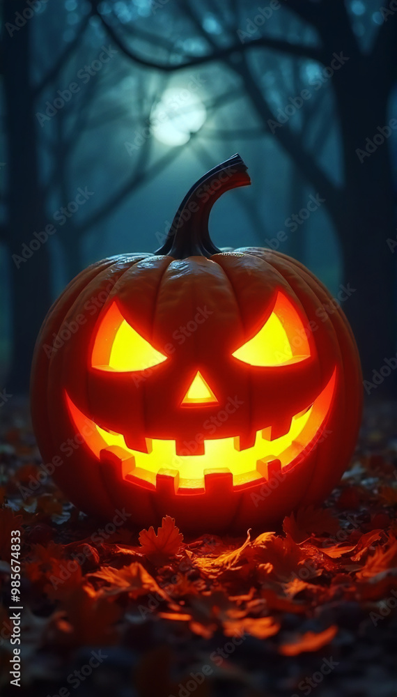 Jack-o'-lantern standing still in the forest at night, Halloween Night Jack-o'-lantern standing still in the forest at night, Halloween Night
