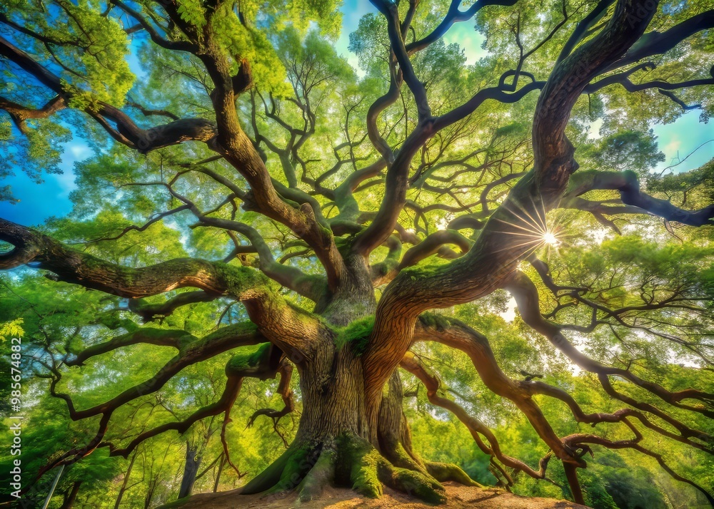 Ancient oak tree with gnarled branches reaching towards the sky in a tranquil forest